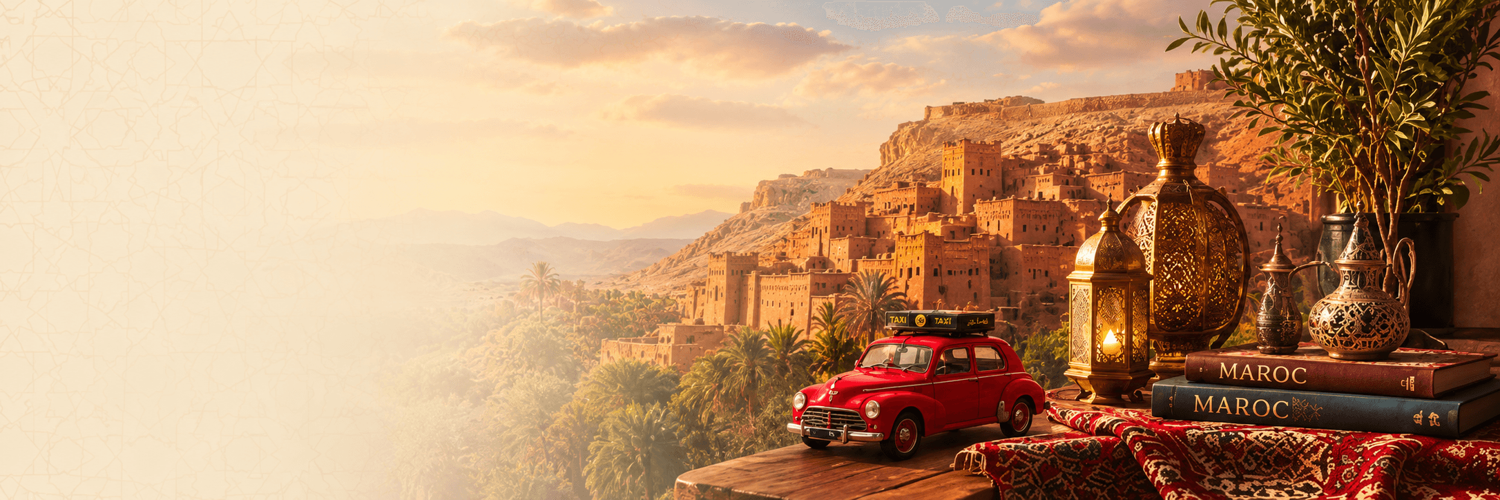 Paysage de l'Atlas, avec une kasbah, une voiture rouge et des objets d'artisanat